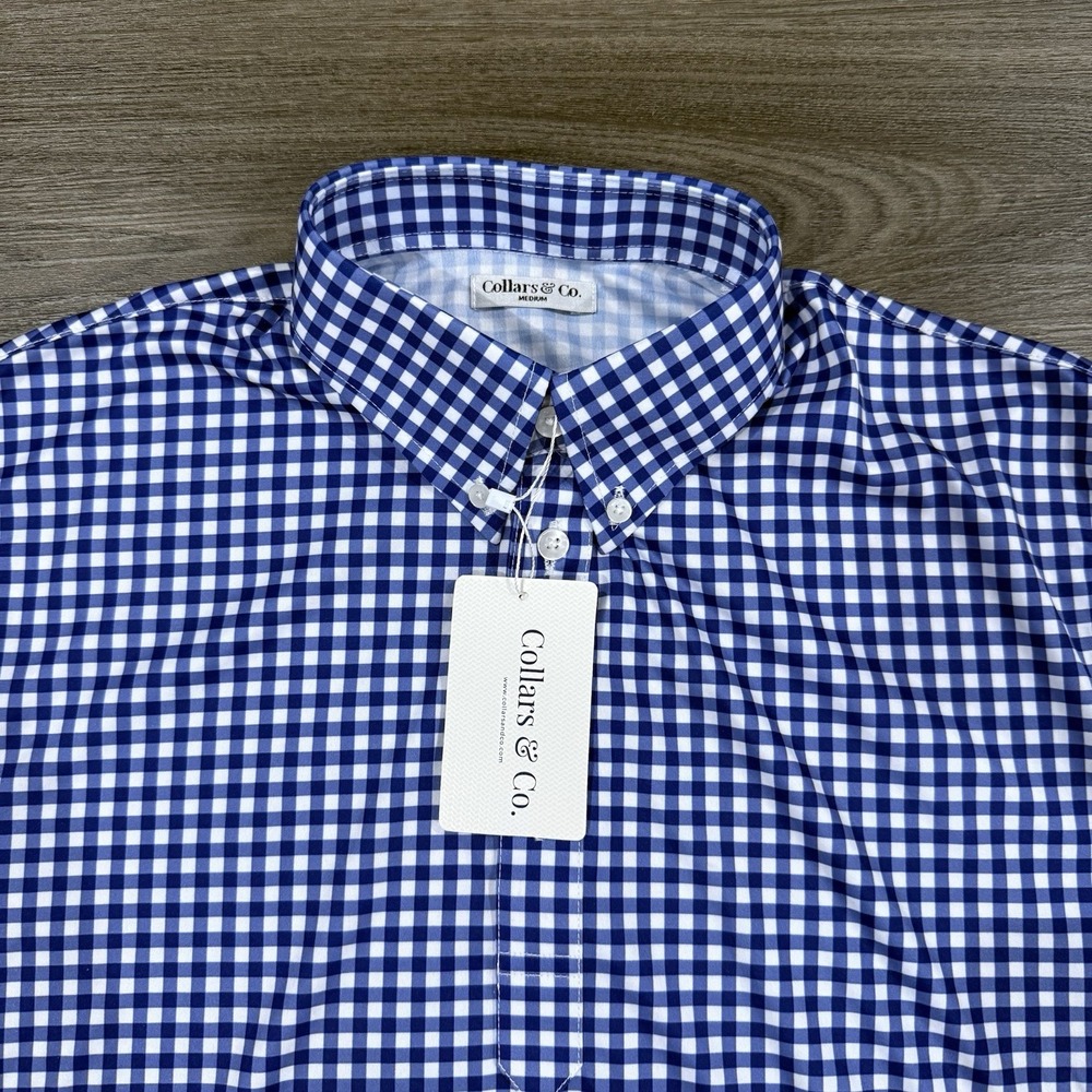 Collars & Co Polo Shirt Medium Blue Gingham Check Polyester Business Casual